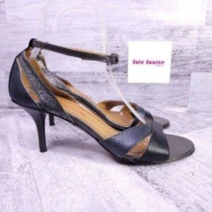 Miss Sixty Metallic Ankle Strap Heeled Sandal Black Silver sz 38 Women's sz 8